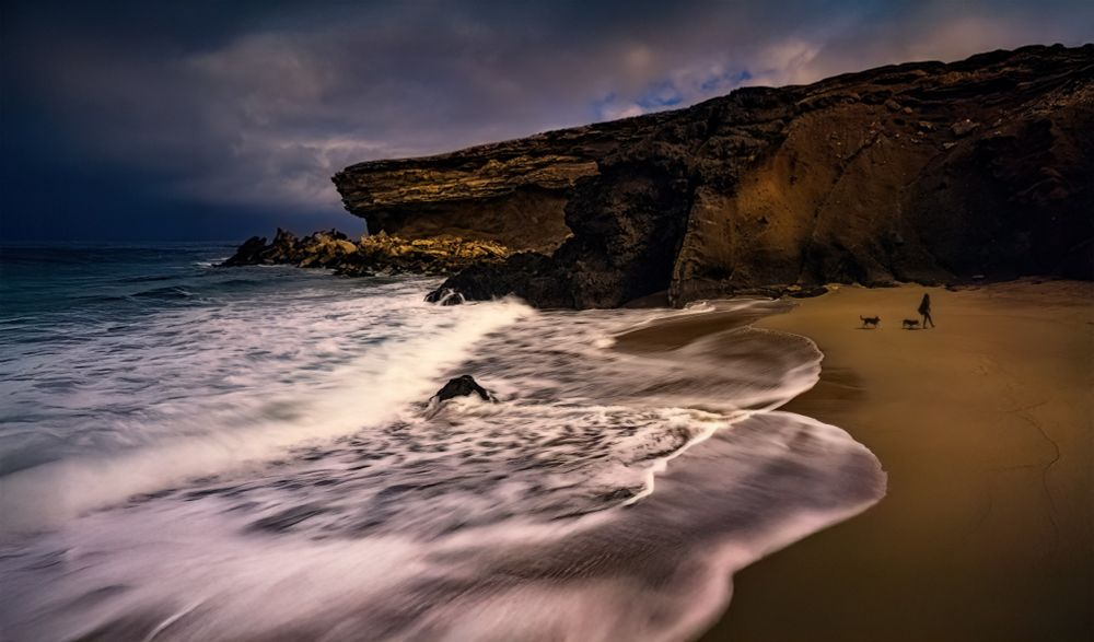 A lone woman walks her dogs on a stormy beach. 