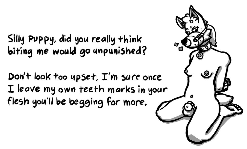 An Illustration or a trans non-binary anthro dog with horns wearing a muzzle, chastity cage, hands tied behind back and on their knees. They look upset about their current situation. text reads, "Silly puppy, did you really think biting me would go unpunished? Don't look too upset, I'm sure once I leave my own teeth marks in your flesh you'll be begging for more. 😈