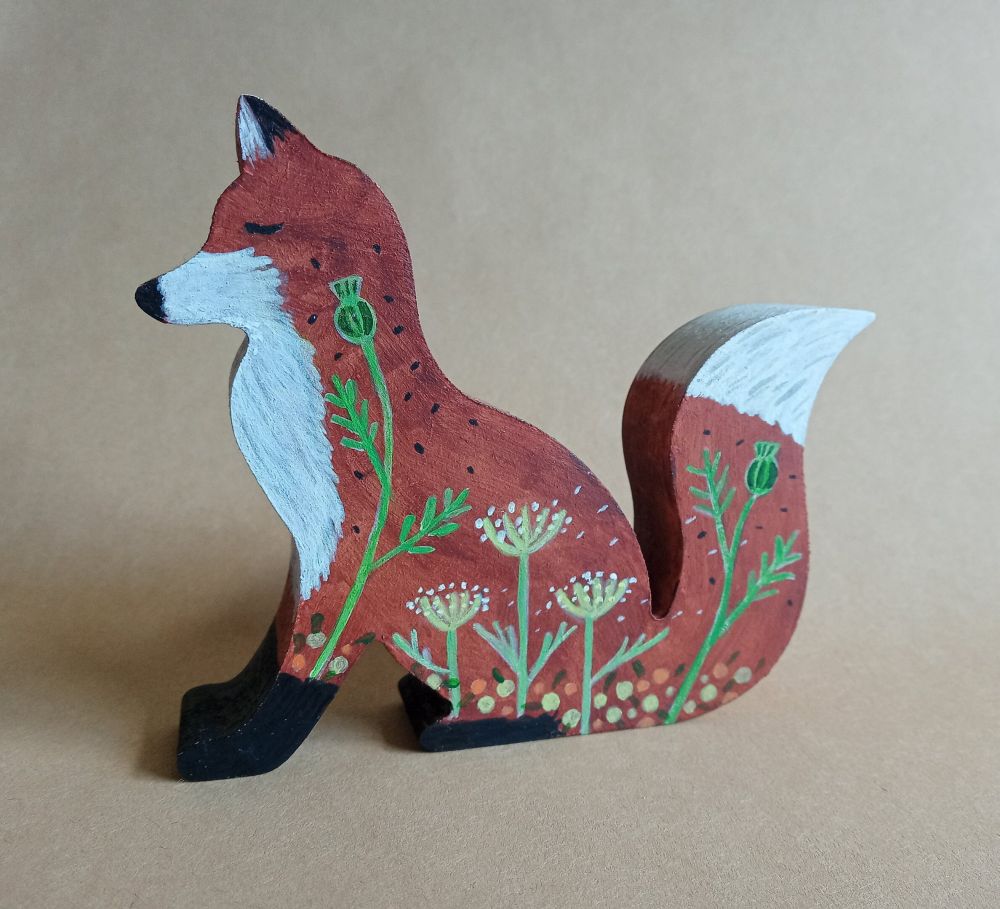 Whimsical wood mdf Fox Ornament hand painted with poppies, flower buds and cow parsley. 