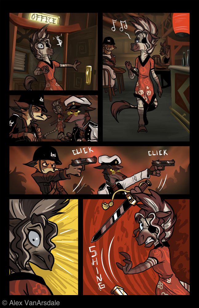 Zenny the zebra is the restaurant manager and is leaving her office into the main dining area. As she walks down the restaurant's hall, two shady looking canine anthros wearing S.A.W. (Super Animal World) Security uniforms draw their guns against Zenny. Zenny herself draws a sword she was carrying.