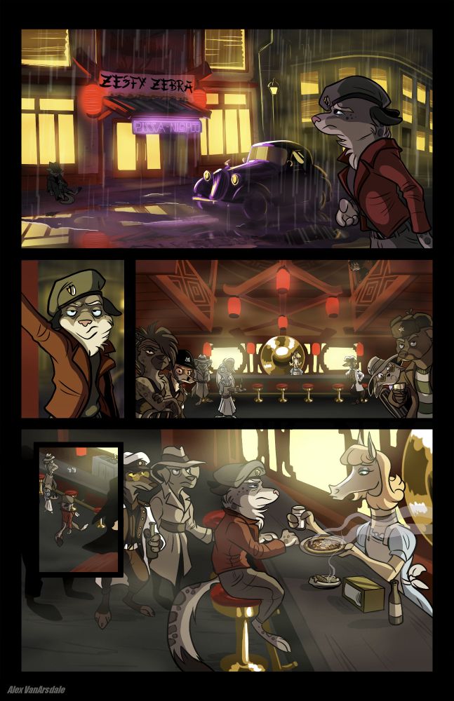 An anthro snow leopard in a tan beret, maroon jacket, and tan pants is outside the "Zesty Zebra" out in the rain. There is a car out in front. A person is slumped on the ground against the wall with a bottle in their hand. It's apparently "Pizza Night". As the snow leopard enters, everyone stares at him as he sits down at the counter. It's an unwelcoming and gritty environment. He is given pizza and a glass of milk by the anthro horse waitress.