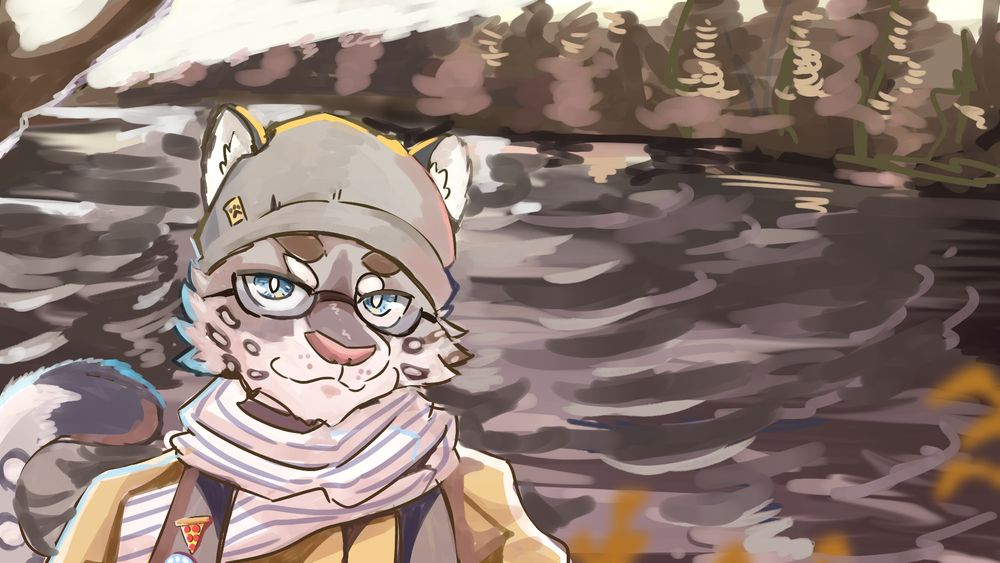 Portrait drawing of a snow leopard in a beanie, scarf, and carrying a backpack in front of a lake while hiking.