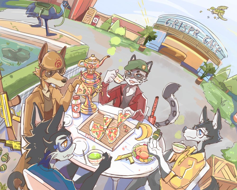 A snow leopard, husky, skullcat, and a coyote are seated at a table enjoying their food during a round of Super Animal Royale