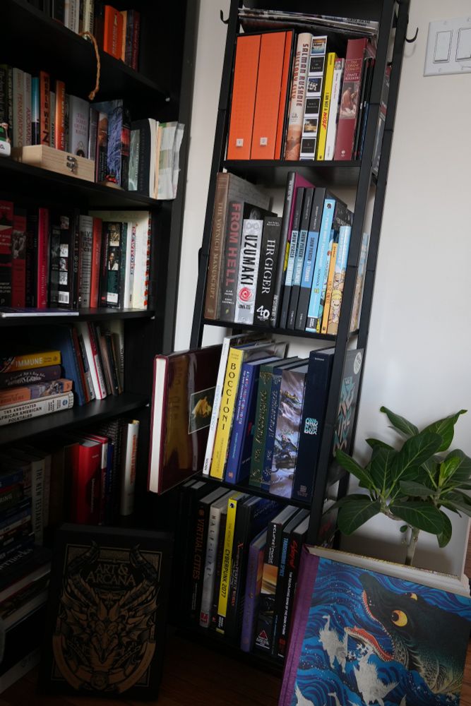 A smaller metal bookshelf full of everything from literature to the history of keyboards (Shift Happens) to Japanese horror manga (Uzumaki) to video game artbooks and history to roleplaying to art in general (featuring a rare book of Ilya Repin from Aurora Art Publishers). The bottom is flanked by two massive books that couldn't find on any shelf. At the bottom left is a book on Art & Arcana from D&D. At the bottom right is a book on Japanese Woodblock Prints from Taschen.