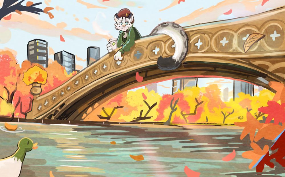 A snow leopard in a jacket and beret is holding a coffee while on the Bow Bridge in Central Park.