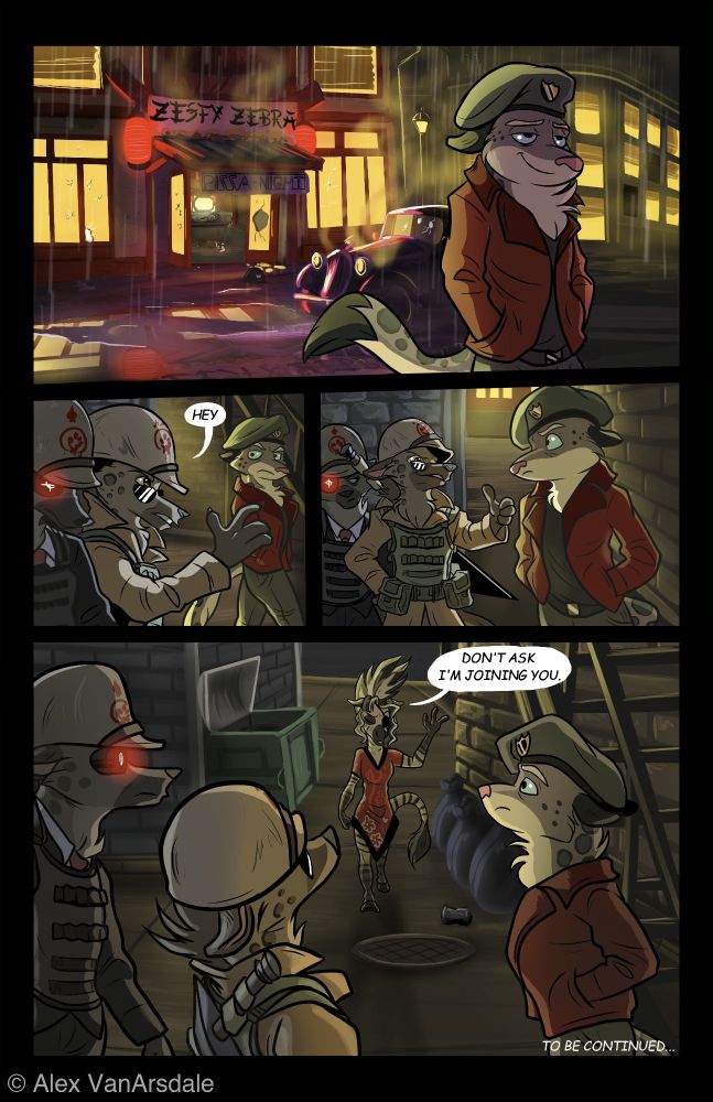 Outside the restaurant, Song the hyena shouts "Hey" to Mango the snow leopard. Ace the hyena is standing next to him. Song gives a thumbs up. It seems that he might be recruiting Mango to the rebel cause to fight SAW. Zenny approaches from the side and says "Don't  ask, I'm joining you." And thus the comic concludes