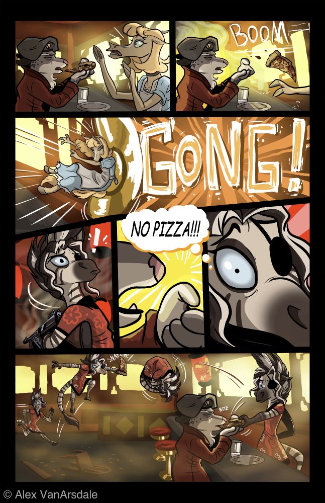 Mango the snow leopard is about to eat a slice of pizza with his eyes closed as an explosion knocks the slice away. The horse waitress is knocked back into a giant gong which makes a loud sound. Zenny realizes the pizza is now missing from Mango's paws and as a responsible restaurant owner manages to retrieve the slice midair while doing a front jump flip and gives it back to Mango as he bites down on it. just in time.