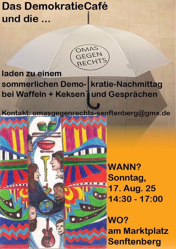 Einladungs-Flyer: Sommerlicher Demokratie-Nachmittag mit Waffeln, Keksen und Gesprächen am Sonntag, 17.8.2025 von 14:30-17:00 am Marktplatz Senftenberg.