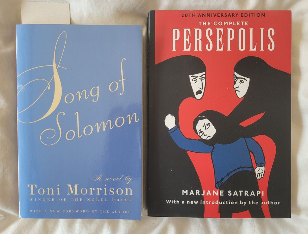 Photo of the two books listed in post side by side on a white comforter. 