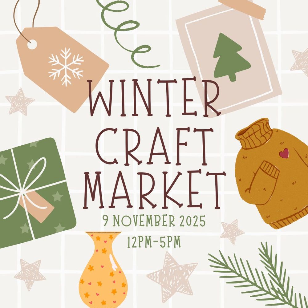 Presents, gift tags, a jumper, and stars and the words "Winter Craft Market 9 November 2025 12pm-5pm".