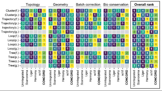 CONCORD outperforms other methods on metrics of geometry and topology