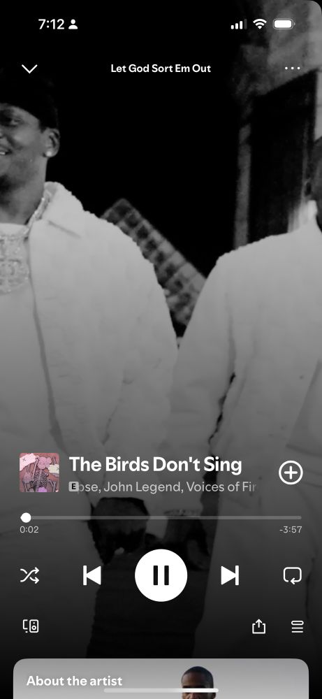 Clipse still from Spotify with first song “birds don’t sing”