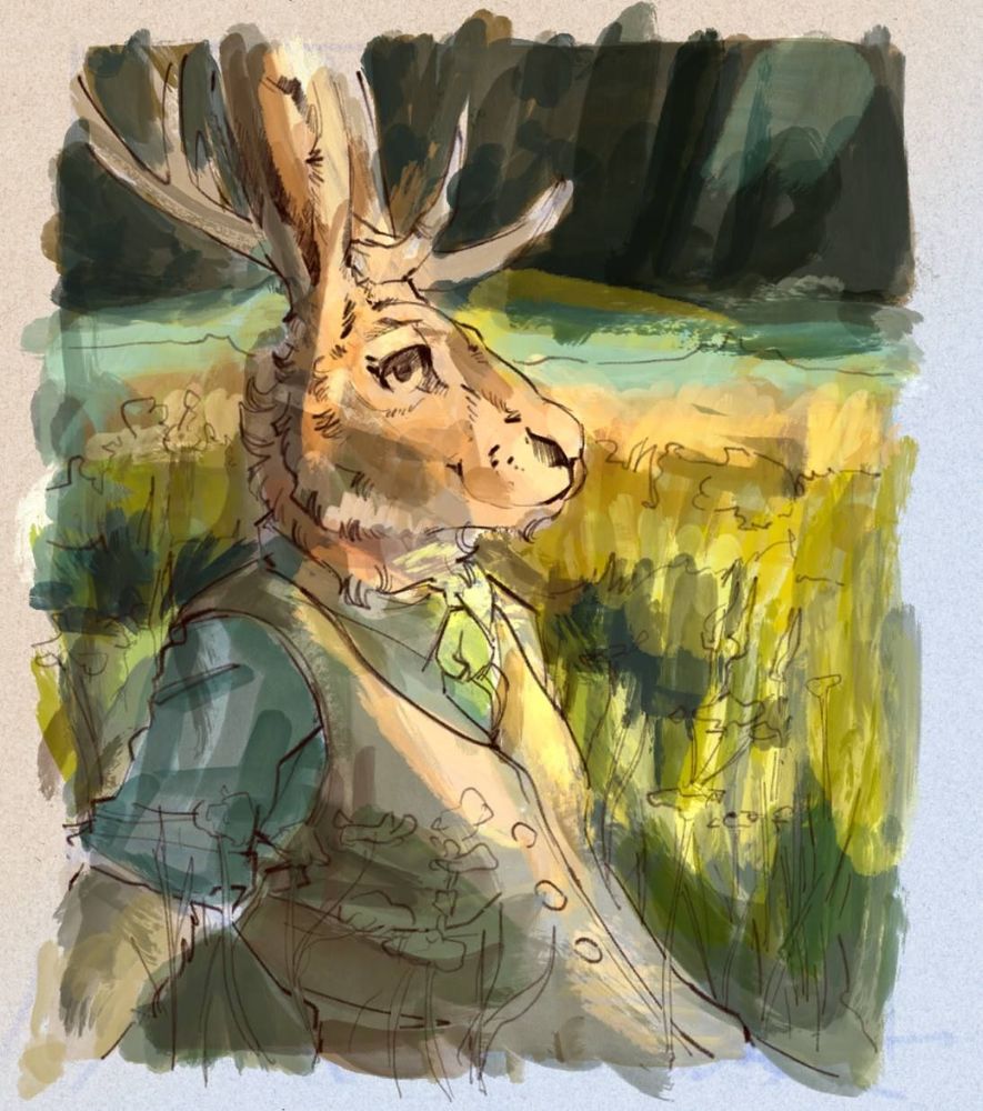 Work in progress of a digital drawing. There's an anthropomorphic jackalope sitting in a field of grass, wearing a blue-ish shirt, a brown vest, and a green tie. He's looking calmly towards the viewer, his antlers showing prominently against a dark background. The colors are haphazardly placed at the moment, mostly indicating color placement. Looks maybe like an afternoon.
