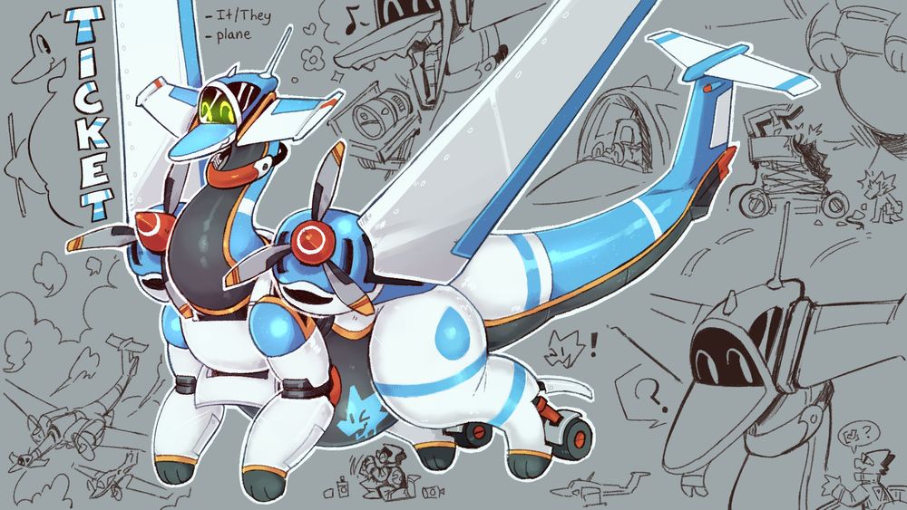 Ticket is a blue white and orange airplane dragon with a grey underside. it has prop engines and landing gear wheels that extend from its legs.