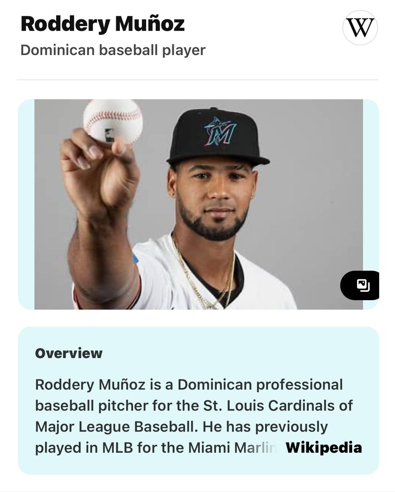 Roddery Muñoz Dominican baseball player W Overview Roddery Muñoz is a Dominican professional baseball pitcher for the St. Louis Cardinals of Major League Baseball. He has previously played in MLB for the Miami Marlin Wikipedia Photo of Roddery Muñoz in a marlins cap