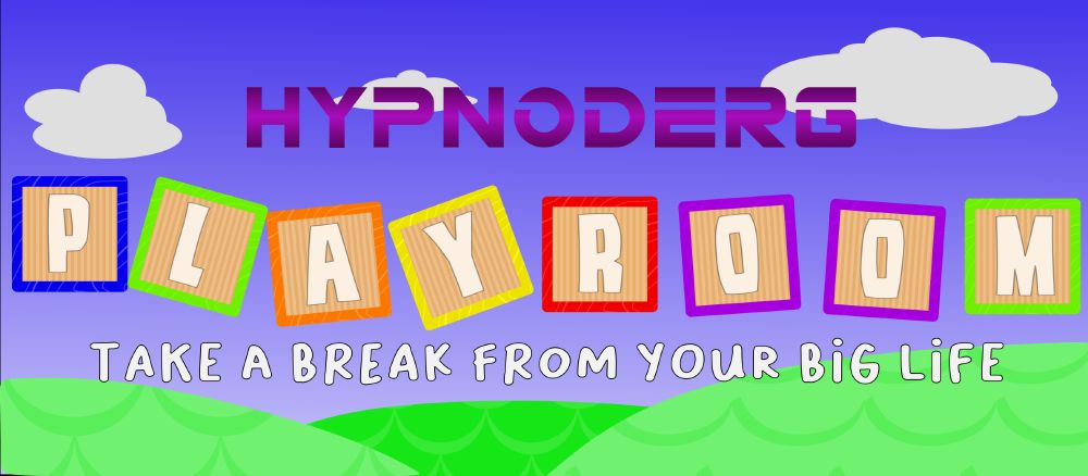 A Logo in the shape of wooden toy blocks that says "Hypnoderg Playroom" with a tagline of "Take a break from your big life"