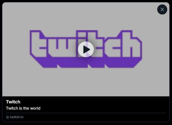 Screenshot of Bluesky's embedded Twitch video player when creating a post - an off-white image with the Twitch logo, with a play button on top of it