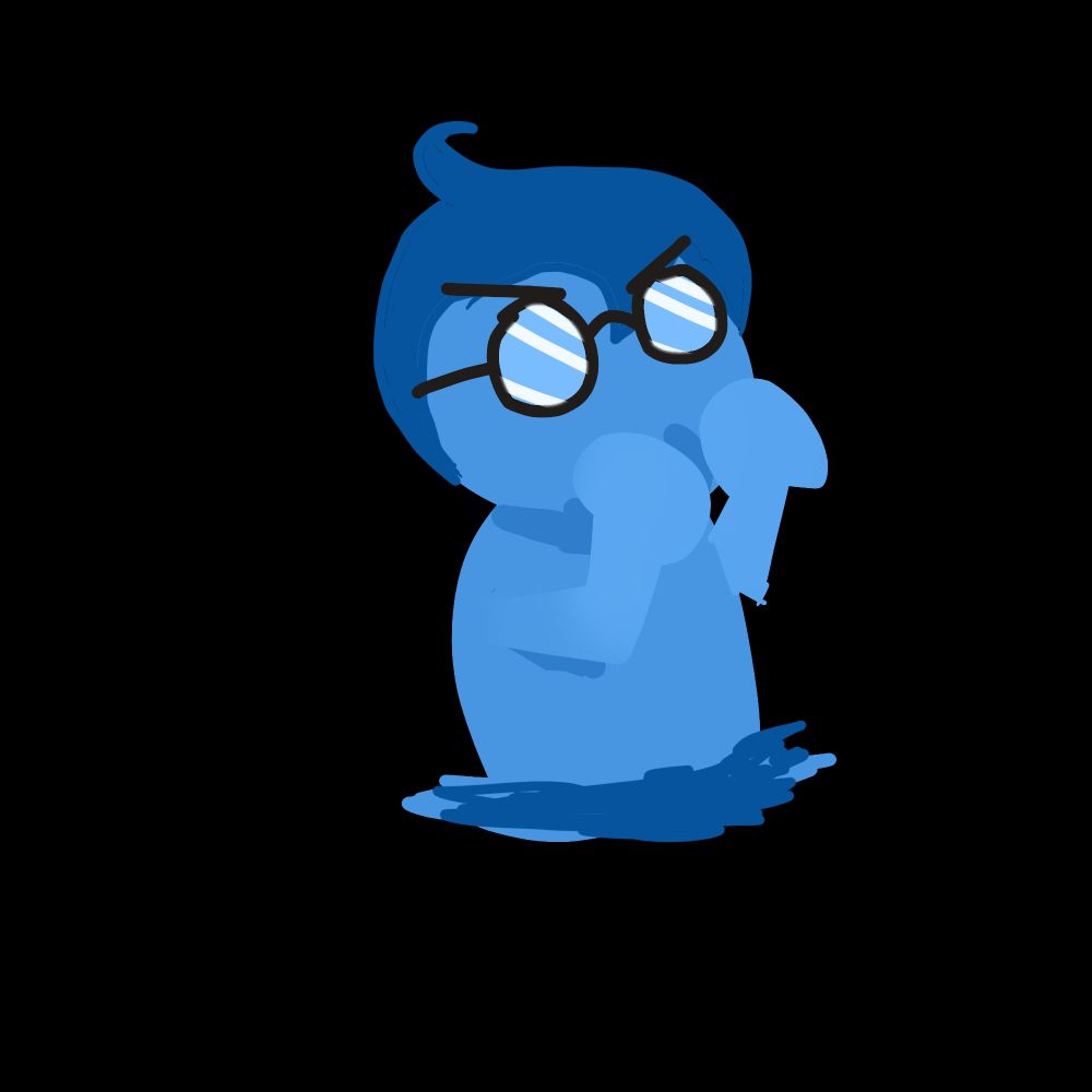 A low-quality picture of a slime creature, with darker slime serving for hair and with inexplicable glasses and eyebrows. It is uniformly blue, with slightly paler arms and 'hands'. This is actually the first image Element27 drew of their little slime avatar, years ago, in an attempt to convey frustration.