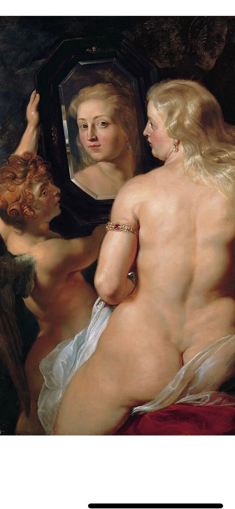 A Rubens painting, showing a curvaceous nude Venus as she admires her face in a mirror which is held by Cupid. 