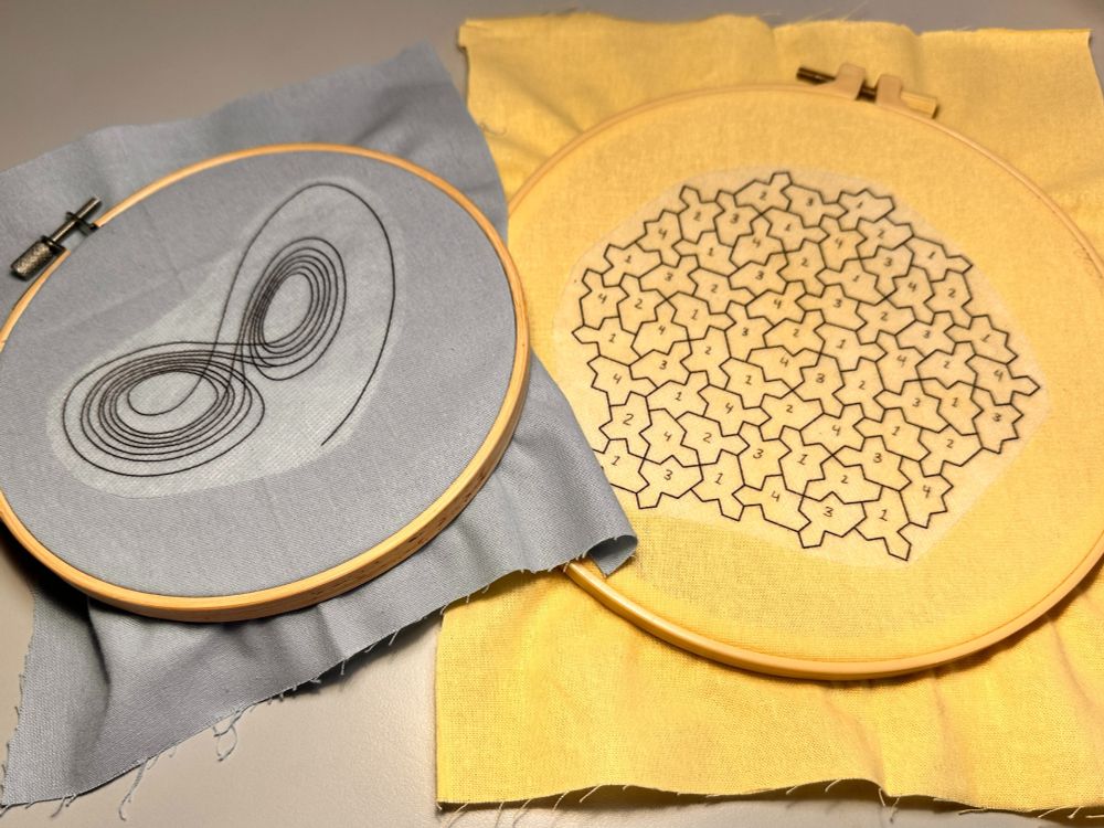 An image of two embroidery hoops - one with blue fabric and a swirly phase diagram of the Lorenz system, the other with yellow fabric and a design of an aperiodic tiling. 
Tags: craftsky, embroidery, mathematics, math, 