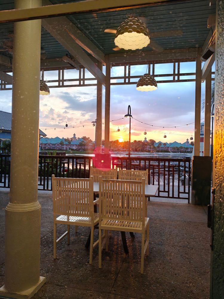A sunset behind a line of Skyliners at Disney's Caribbean Beach Resort 