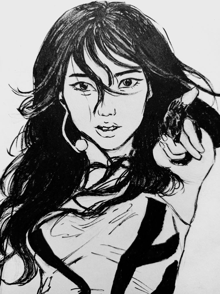 An ink drawing on paper of Karina from aespa pointing at the screen with two fingers like a gun. Her hair is blowing around very prettily.