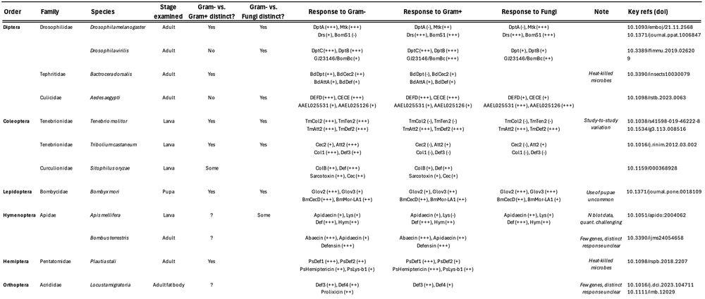 A summary of studies to date detailing the regulation of specific AMPs across insect species.