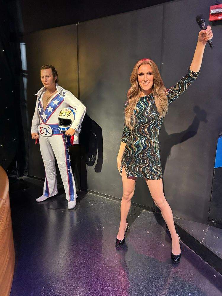 Wax statues of Celine Dion and Evel Kineval 
