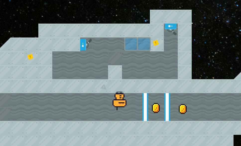 Pixel robot standing in a spaceship with a block and switch puzzle