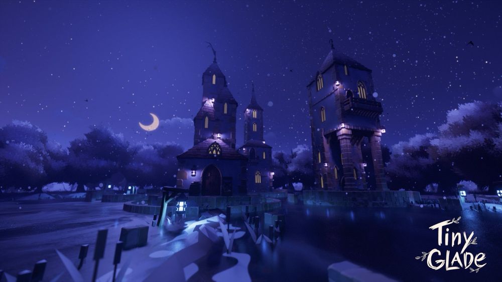 Una captura de Tiny Glade con tres edificios altos a lo lejos iluminados con lámparas moradas. En la escena es de noche y se ve la luna