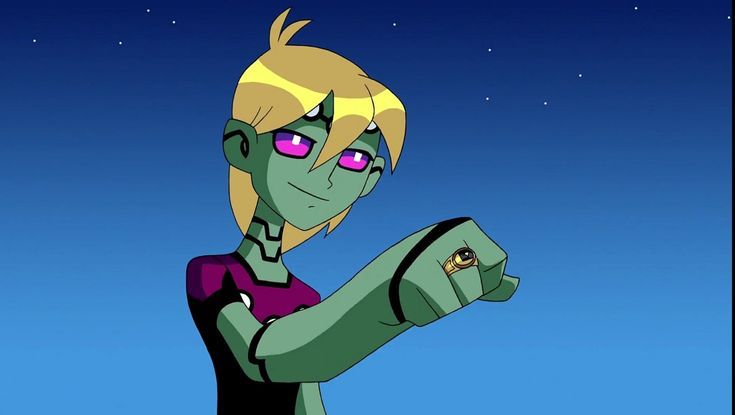 Brainian 5, un robot verde vestido de morado, con pelito rubio y ojos morados también 