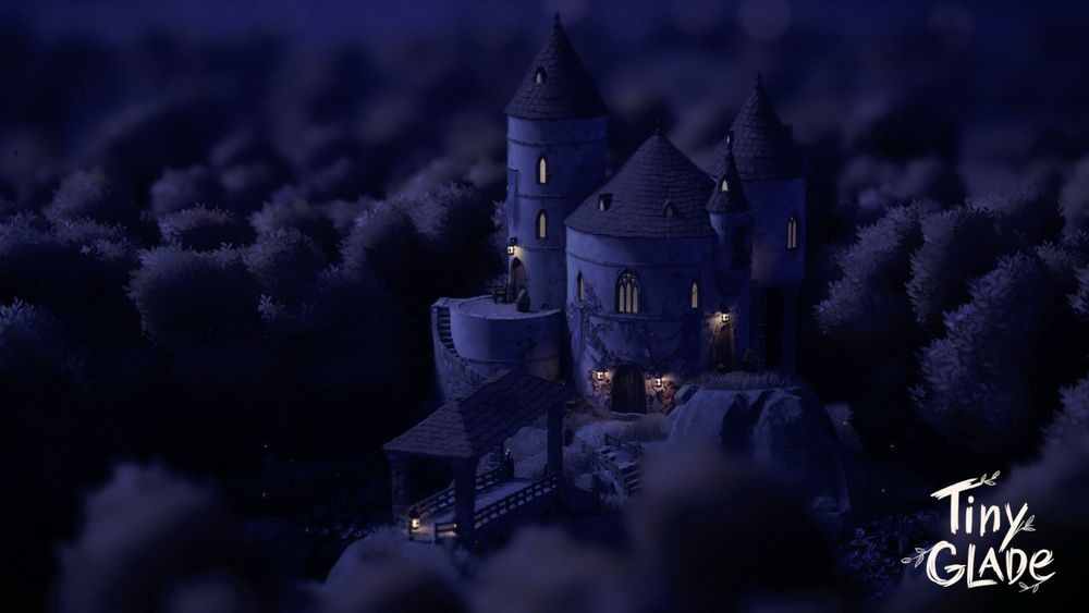 Una captura de Tiny Glade, un edificio cilindrico con varias torres, ventanas y puertas y un puente que va hacia el edificio, la vista es un poco desde arriba hacia abajo