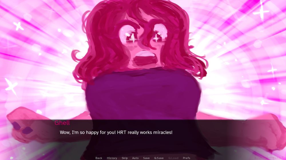 Anna, a red-haired girl, is looking at her own breasts in amazement. Another character, Ghell, says from off-screen, "Wow, I'm so happy for you! HRT really works miracles!"