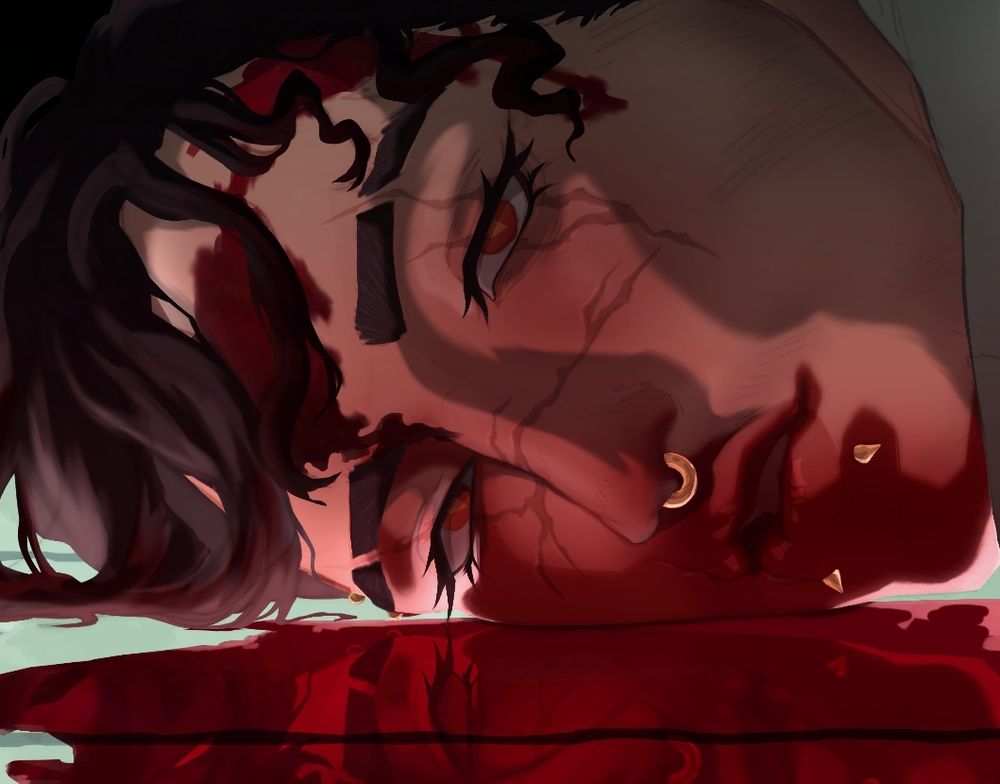 My oc Marco. His face is pressed against a  glowing white floor covered in blood. He has full lips and a scar across his nose going through his eye. His hair is matted to his forehead and the floor. Hes looking at the camera with a vacant look in his eyes.