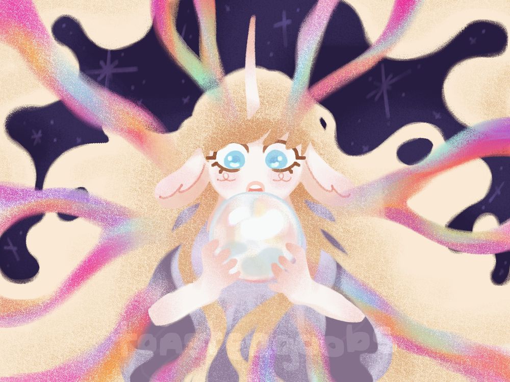 A small girl with blonde hair, big blue eyes, big floppy ears, and a unicorn looking horn holding a huge pearl emitting rainbow light. She looks down at it in awe. He hair is framing the entire image.