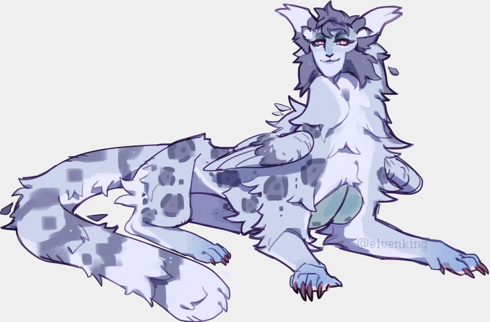 sketch of erezu sphinx guy named caim belonging to itzel markings look snow leopard ish, bare chest, wings and humanoid face, showing off the human hybrid aspects of sphinx