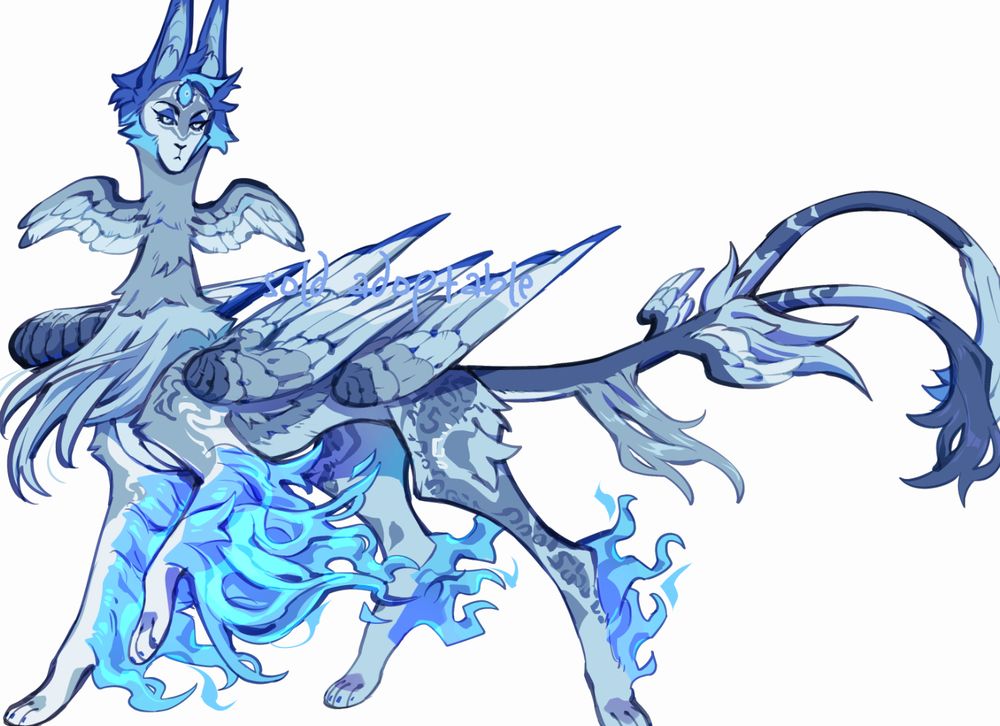 custom erezu sphinx humanoid hybrid closed species character with blue flames on legs and seraphic wings on body