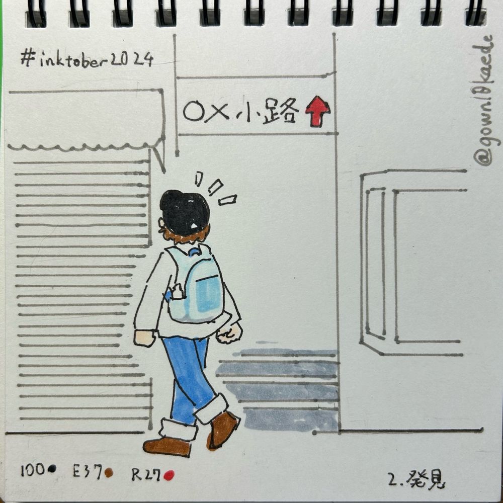 バックパックを背負った人が小路を見つけた絵。