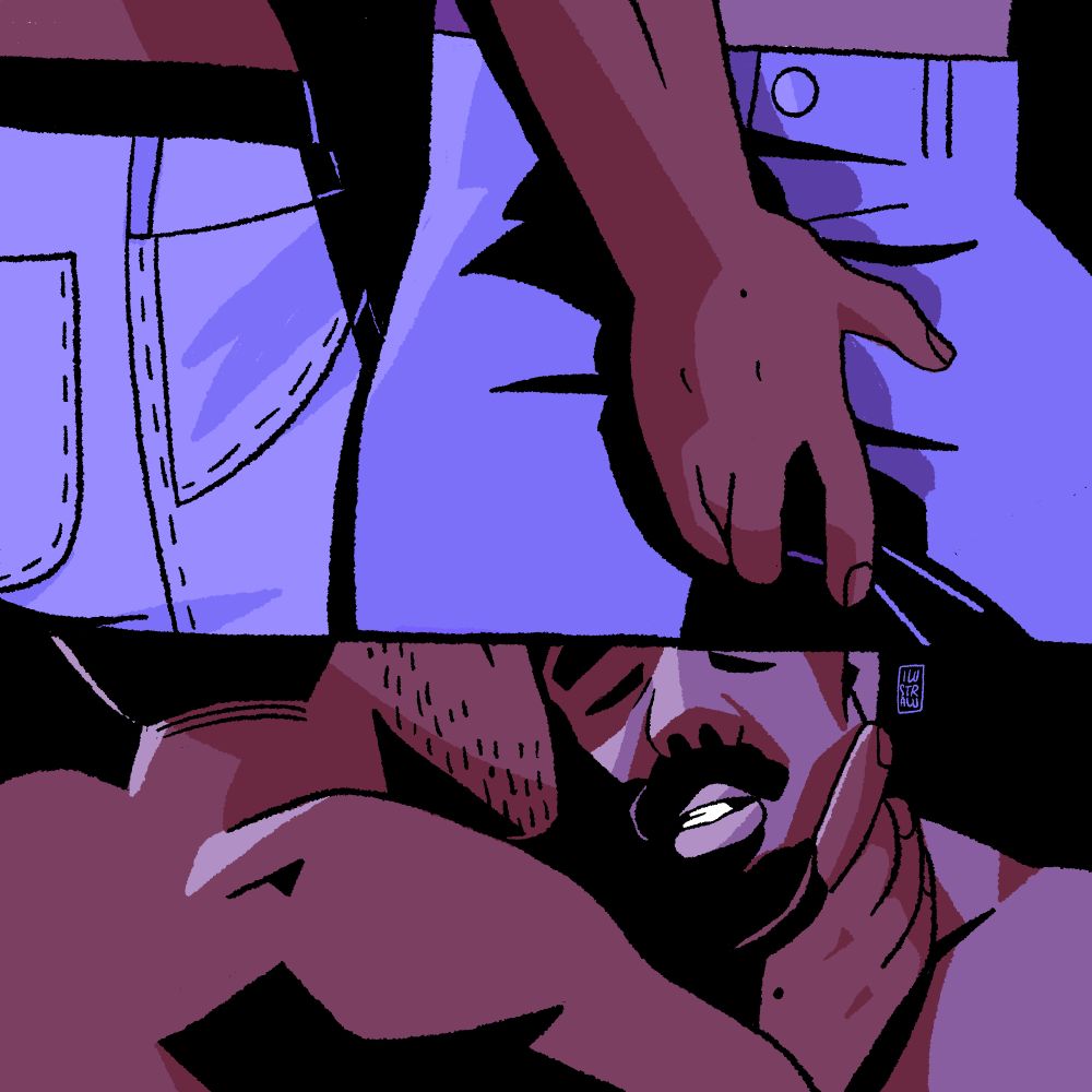 ilustração em dois quadros. No de cima, a cintura de dois rapazes vestidos de calças jeans, um deles com a mãozona segurando certos volumes. No quadro de baixo, o rapaz de bigode e boca carnuda de olhos fechados enquanto o outro de costas, cheira seu cangote e segura seu pescoço, ambos sem camisa. 