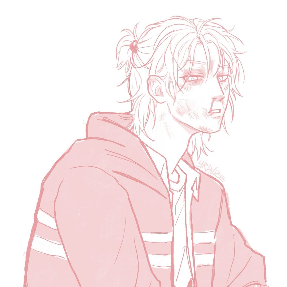 The image is a pink, monotone drawing of the character Eunyung Baek from the webtoon and anime “No Home.” He’s seen from a 3/4th angle wearing a pink hoodie on top of his school uniform dress shirt and undershirt. His hair is done in his usual half-up, half-down style, tied up by his red-beaded hair tie. He’s looking at the viewer with battered face. His right eye is bruised and his nose has a trail of blood that runs down to his mouth.