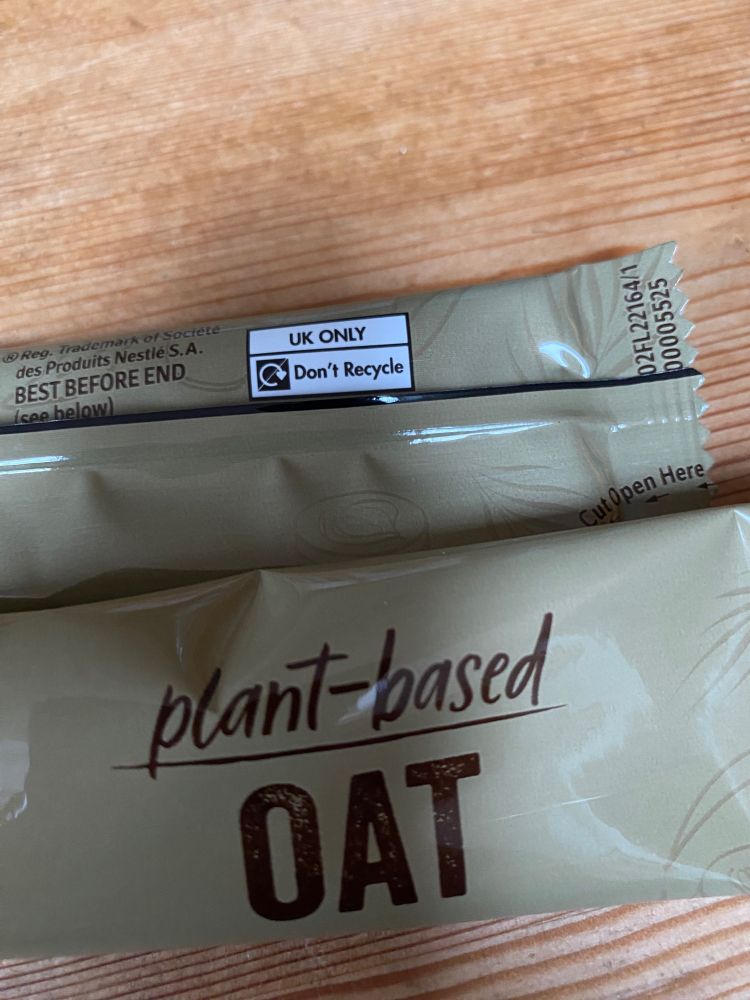 Plant based oat instant coffee in a non-recyclable sachet.
