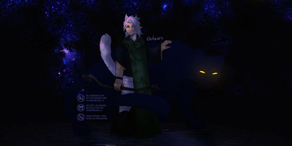 Mire stands in a dark forest on top of a shallow body of a water, looking solemnly at the viewer, the starry sky glows on the background and their colorful light reflect on the water's surface. He holds a bow on his hand and the other rests on the back of a black panther behind him whos wrapping its tail in front of Mire, its eyes glows yellow in the dark.

Mire está em uma floresta escura em cima de um corpo de água raso, olhando solenemente pro espectador, o céu estrelado brilha no fundo e sua luz colorida reflete na superfície da água. Ele segura um arco em sua mão e a outra repousa nas costas de uma pantera negra atrás dele, que está enrolando a cauda na frente de Mire, e seus olhos brilham em amarelo no escuro.
