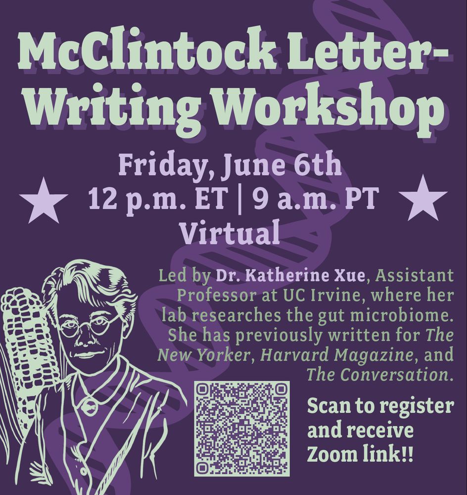 A flyer with the heading McClintock Letter-Writing Workshop. Details are Friday, June 6th, 12pm ET and 9am PT, virtual.