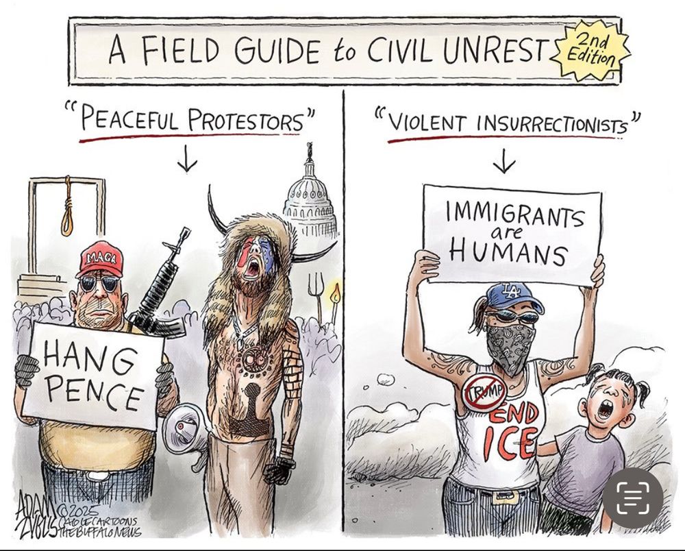 Dessin comparant l’invasion du Capitole (protestation pacifique) avec les protestations contre les rafles ICE (insurrection violente).
Source Adam Zyglis