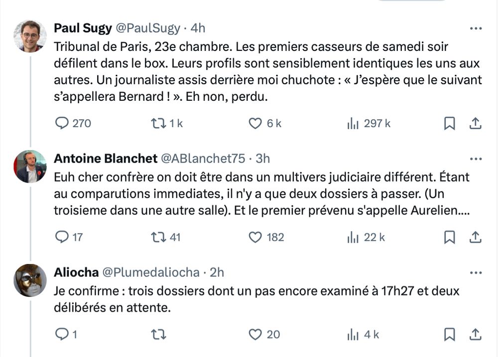 un journaliste du figaro écrit qu'il n'y a que des noms à consonance étrangère parmi les comparutions immédiates des "casseurs" (présumé innocent) arrêté samedi dernier. Il se fait reprendre par deux confrères...