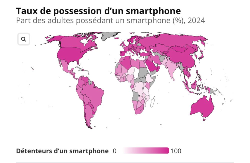 Carte du monde avec le taux de possession d’un smartphone (part des adultes en 2024 par pays).
Source : Frontières officielles de la Banque mondiale, Base de données Global Findex 2025, Gallup World Poll, 2024