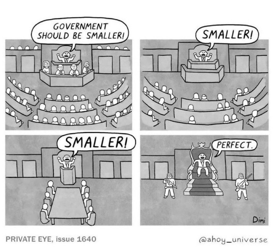 Un homme proclame à La Tribune d’une assemblée « le gouvernement doit être moins nombreux ». Il continue devant une assemblée réduite. Puis une table de réunion jusqu’à un trône entouré de 2 gardes armés « parfait ! ».
Source @ahoy_universe