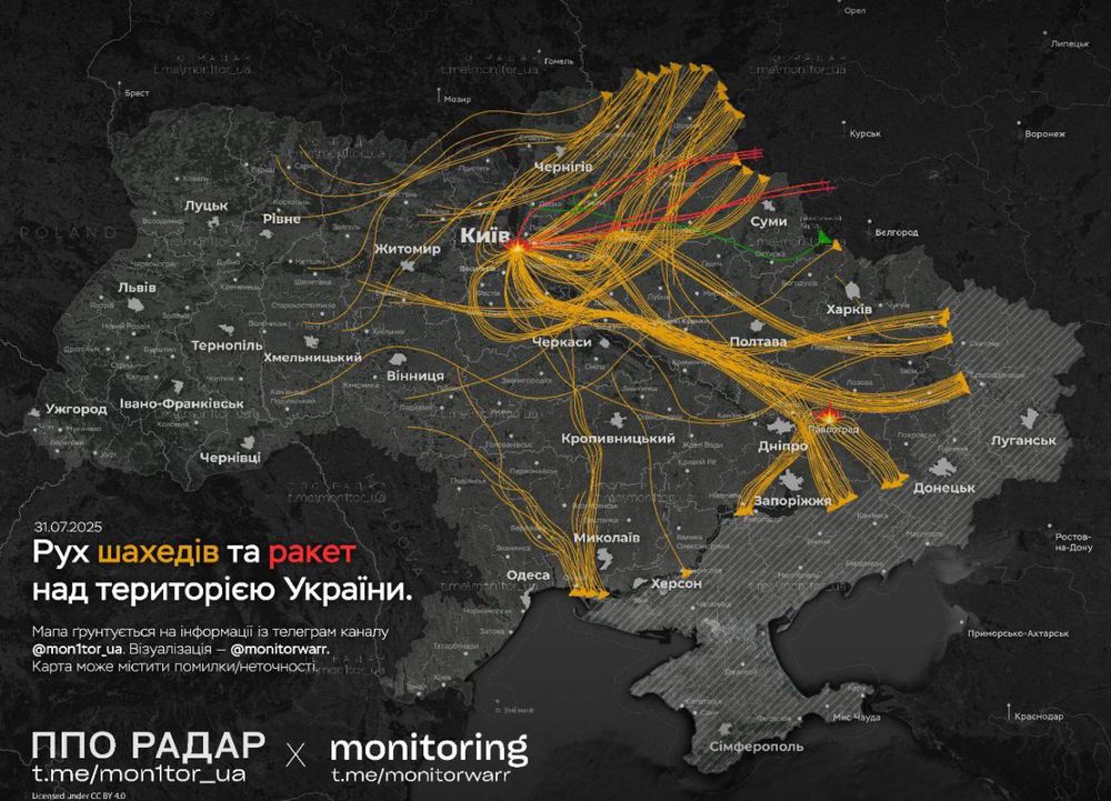 Carte des trajectoires des attaques russes du 31/07