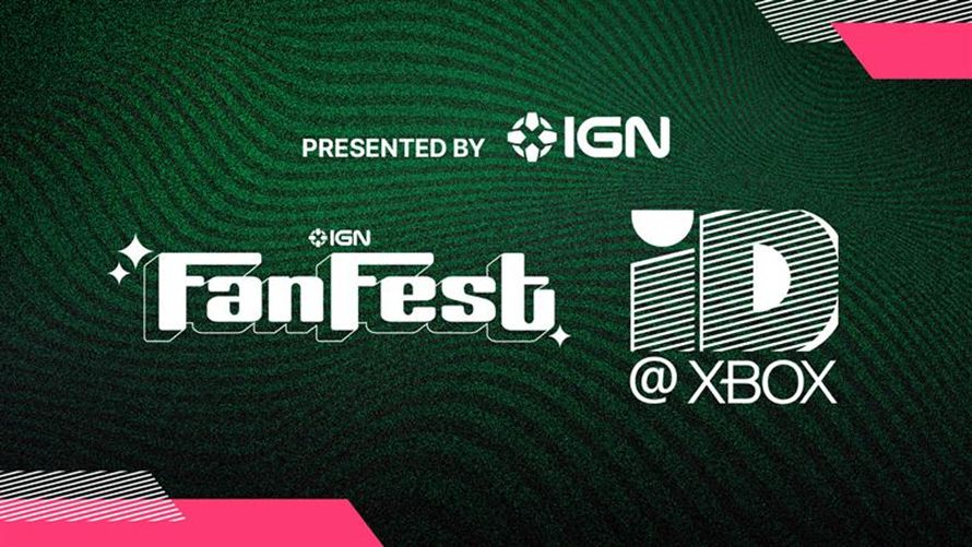 A green background with wavy lines with the text: PRESENTED BY IGN. Below it is the IGN FanFest logo next to the ID@ Xbox logo. At the top right and bottom left corners are rectangular shapes - one with black and white lines and the other hot pink.