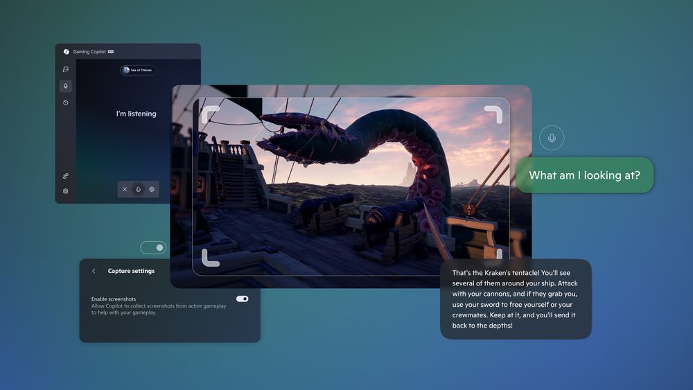 microsoft xbox copilot promo image showing someone asking what a kraken tentacle in sea of thieves is